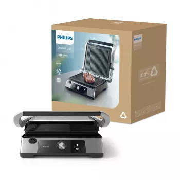 Philips 5000 Series kontakta grils, alumīnijs, taisnstūra formas, rotējošs, 200 °C, ar eņģēm, ar fiksējošu vāku, 180°