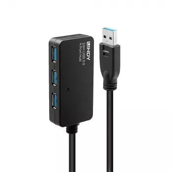 Lindy 10m USB 3.0 aktīvā pagarinātāja centrmezgls Pro, USB 3.2 Gen 1 (3.1 Gen 1) Type-A, 4 porti, melns