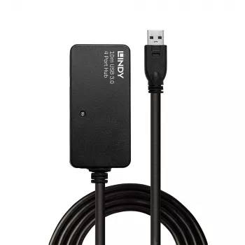 Lindy 10m USB 3.0 aktīvā pagarinātāja centrmezgls Pro, USB 3.2 Gen 1 (3.1 Gen 1) Type-A, 4 porti, melns