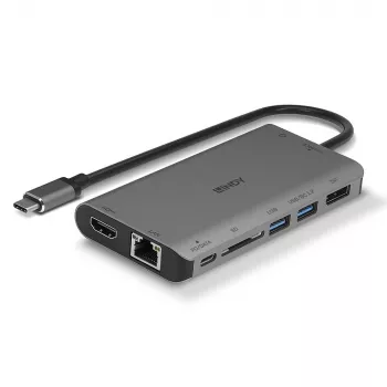 Lindy DST-Mini XT, USB-C piezīmjdatora mini dokstacija ar vienu 4K vai diviem Full HD ekrāniem un 100W caurlaides uzlādi