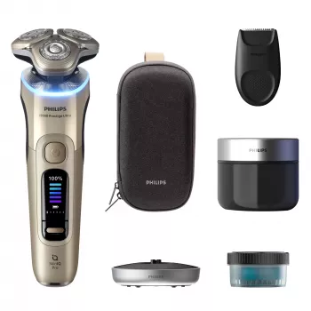 Elektriskais skuveklis Philips i9000 Prestige Ultra XP9403 — 3 rotējošas galviņas, SkinIQ Pro, slapjā/sausā skūšana, akumulators, tīrīšanas stacija, zelts