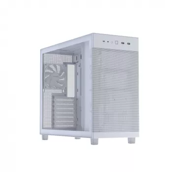 PC korpuss ASUS PRIME AP303 TG White — ATX/Micro-ATX/Mini-ITX, rūdīts stikls, USB-C, 360 mm GPU atbalsts