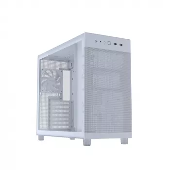 PC korpuss ASUS PRIME AP303 TG White — ATX/Micro-ATX/Mini-ITX, rūdīts stikls, USB-C, 360 mm GPU atbalsts