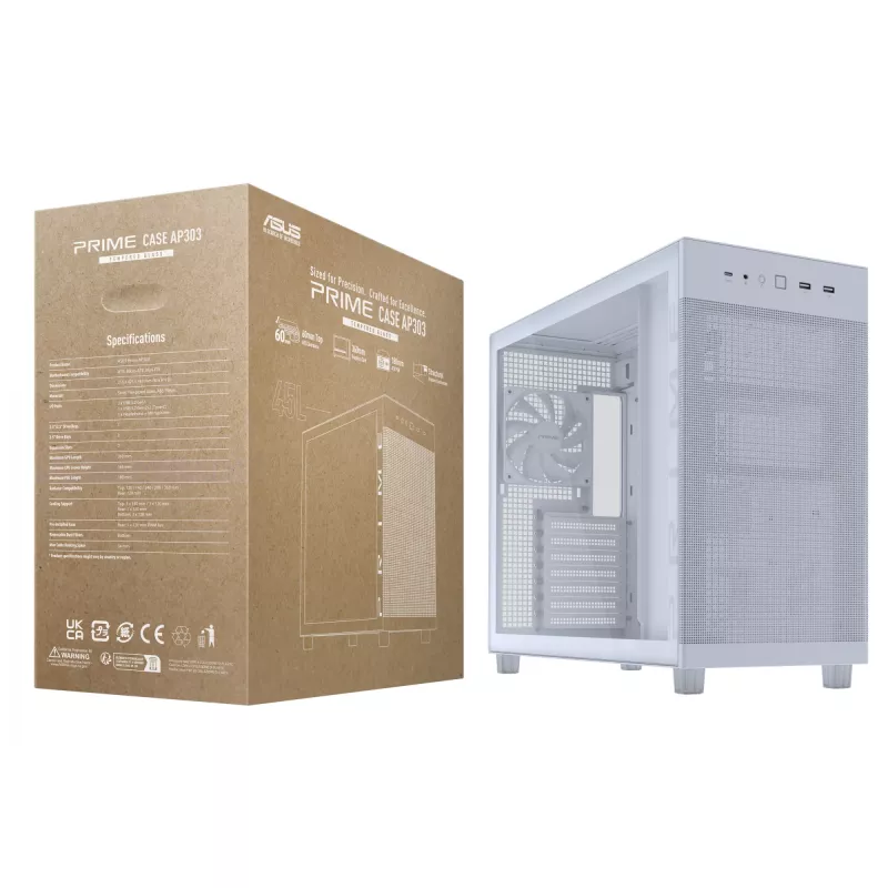 ASUS PRIME AP303 TG 90DC00V3-B39010 Midi Tower datora korpuss, ATX/Micro-ATX, rūdīts stikls, 2x USB 3.2, bez barošanas bloka, balts