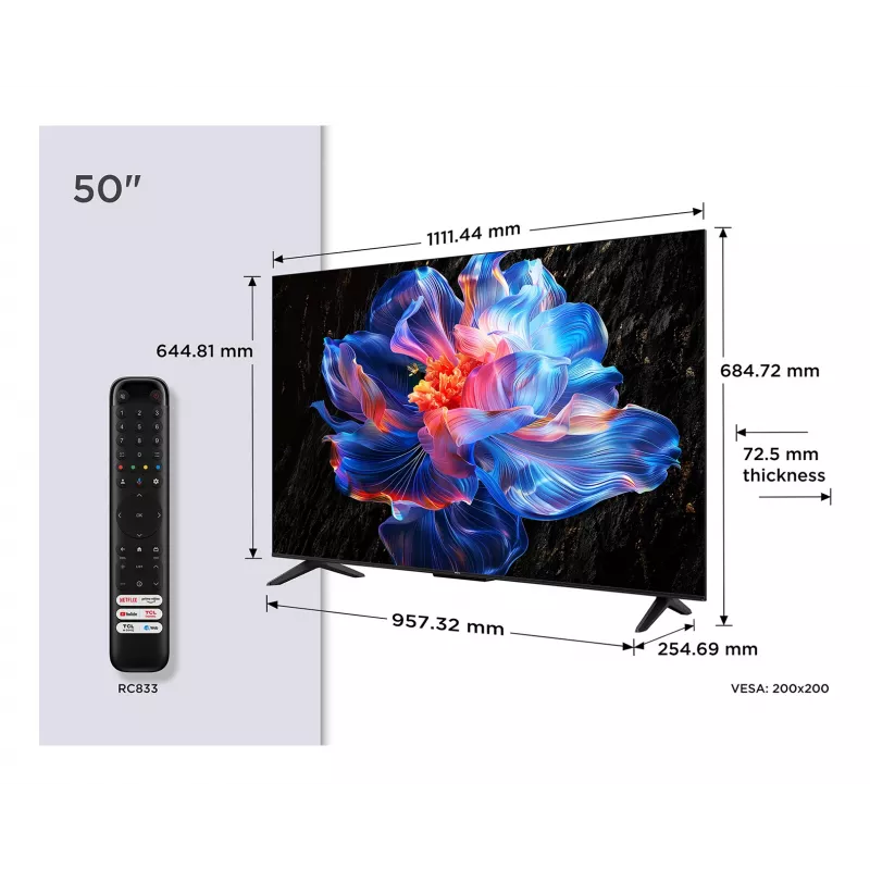 LED viedtelevizors TCL 50P69K 50 collas (127 cm) 4K Ultra HD, Direct-LED, Google TV, 3840x2160, 60 Hz, PPI 2500, 2 GB RAM, 20 W, HDMI 2.1