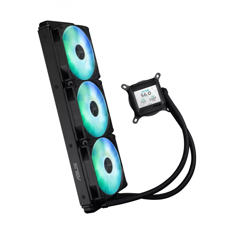 Šķidruma dzesētājs ASUS Prime LC 360 ARGB LCD — 360 mm radiators, 3x 120 mm ventilatori, LCD, PWM, Melns