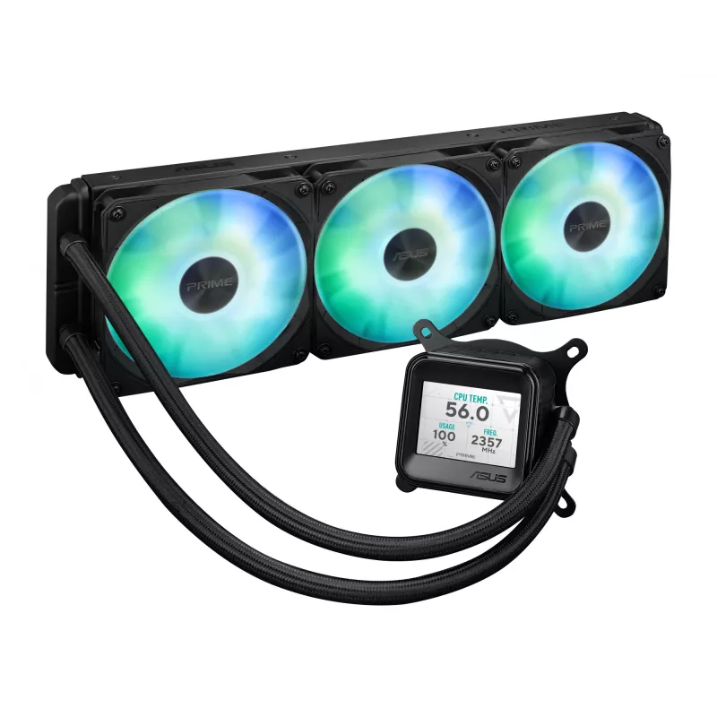 Šķidruma dzesētājs ASUS Prime LC 360 ARGB LCD — 360 mm radiators, 3x 120 mm ventilatori, LCD, PWM, Melns