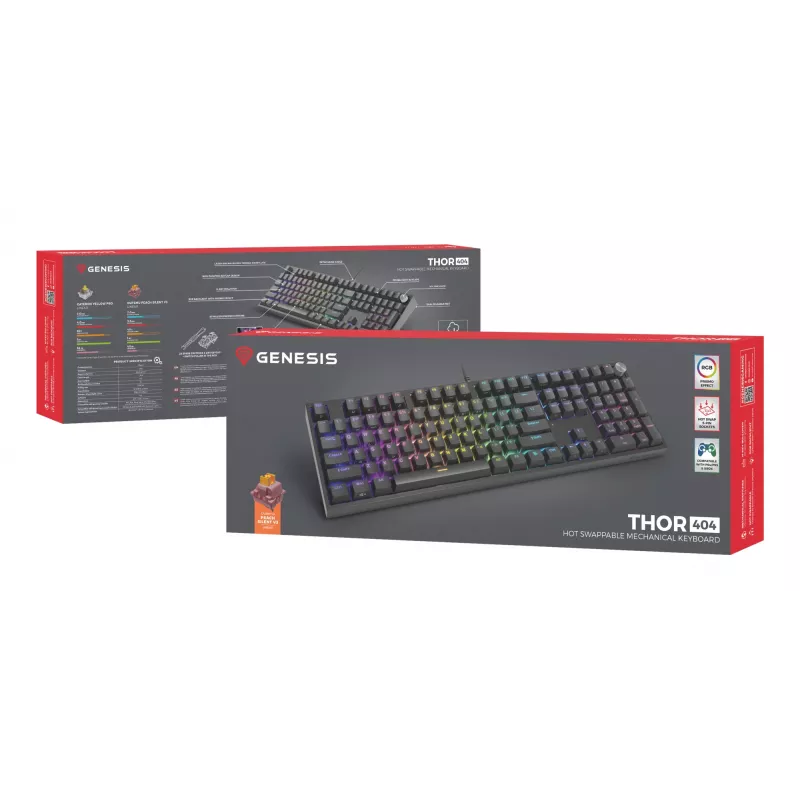 Mehāniskā tastatūra Genesis THOR 404 — pilnizmēra 100% USB QWERTY angļu, melna, RGB