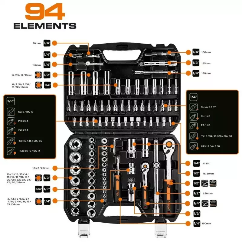 Uzgriežņu atslēgu komplekts NEO Tools 10-062, 1/2 collas piedziņa, 10 gabali