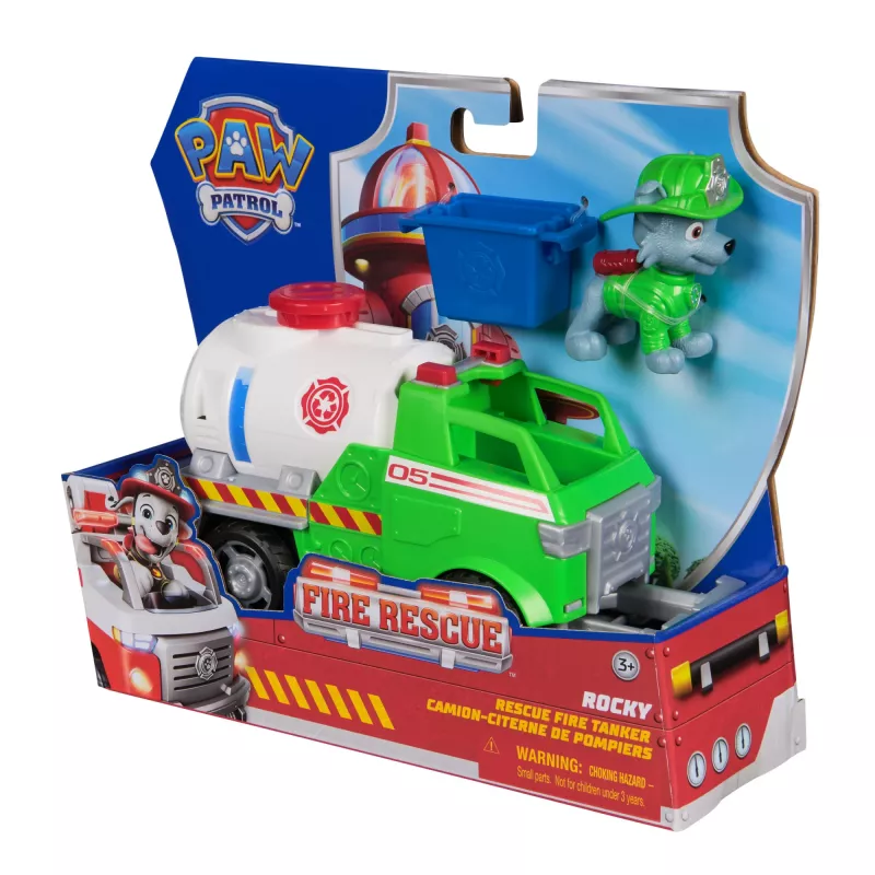 Spin Master PAW Patrol Rocky Rescue Fire Tanker rotaļu ugunsdzēsēju mašīna ar Rocky figūriņu un satveršanas ķepu, 3+ gadi