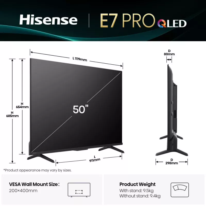 Hisense 50E77Q PRO 127 cm (50 collas) 4K Ultra HD Smart TV QLED Wi-Fi Melns