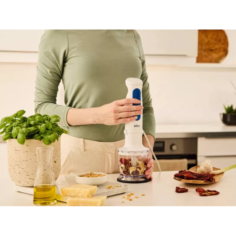 Rokas blenderis Braun MultiQuick 3 MQ30202M, 900 W, balts/zils, ar smalcinātāju un putotāju