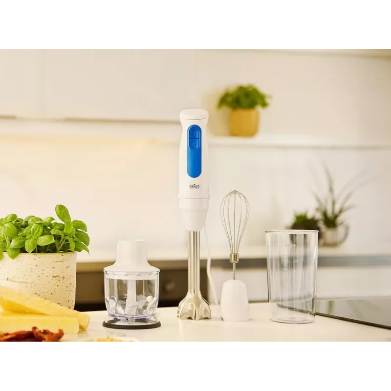 Rokas blenderis Braun MultiQuick 3 MQ30202M, 900 W, balts/zils, ar smalcinātāju un putotāju