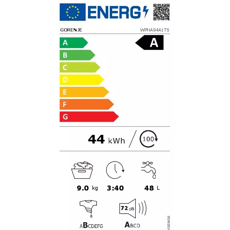 Veļas mazgājamā mašīna Gorenje G600 WPNA94A1TS priekšējā ielāde 9 kg 1300 RPM Balta A