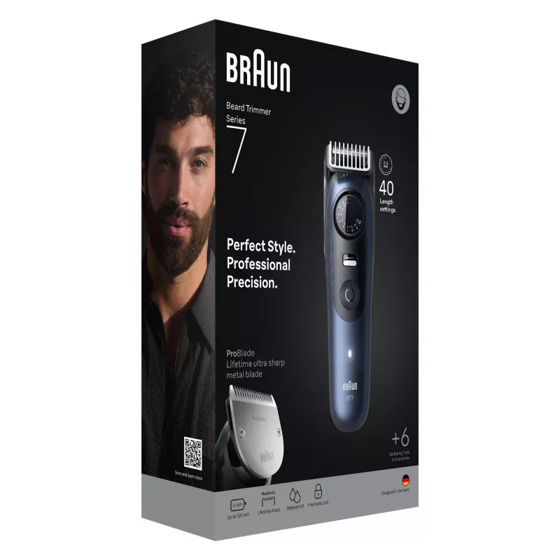Braun bārdas trimmeris BT7520, 40 soļi, 0.5–20 mm, akumulators, slapjš/sauss, melns/zils