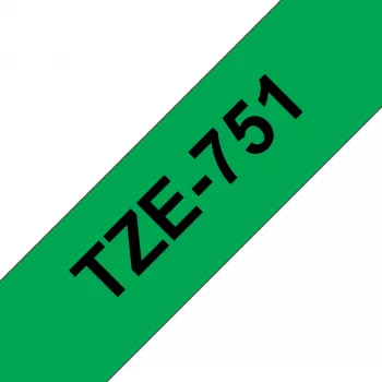 Laminēta lentes kasetne Brother TZe-751 24 mm — melns uz zaļa, 8 m, pelēka kasetne