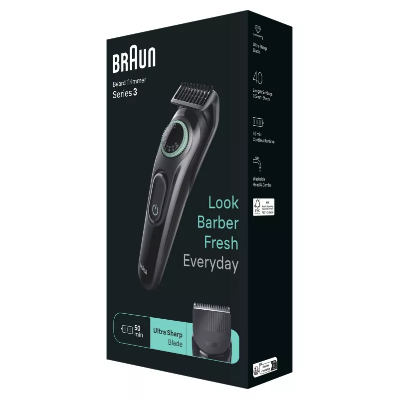 Braun BeardTrimmer 3 BT3411 bārdas trimmeris, akumulators, 40 min, 2 cm, melns, zaļš