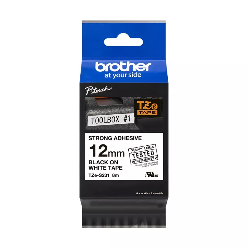 Lentu apzīmējumu lente Brother TZe-S231 12mm melns uz balta