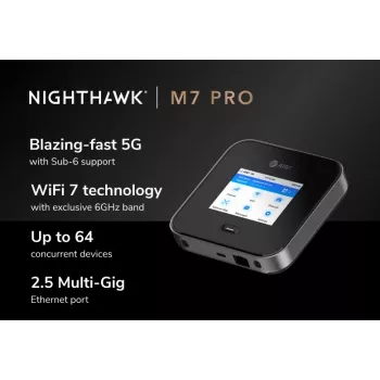 Tīkla maršrutētājs Netgear Nighthawk M7 Pro — Tri‑joslu Wi‑Fi 2.4/5/6 GHz, 5G Sub6, LTE, Gigabit Ethernet, USB-C, pārnēsājams, melns