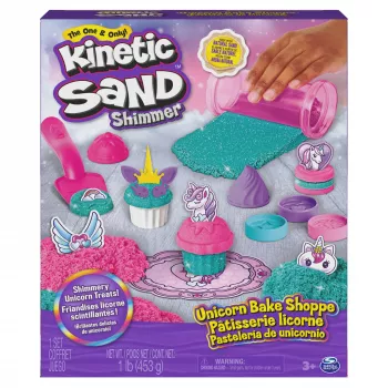 Kinetic Sand Shimmer Unicorn Bake Shoppe komplekts, 16oz (Shimmer Teal un Pink Neon), 8 vienradža rīki, sensoriskā rotaļlieta bērniem no 3 gadu vecuma