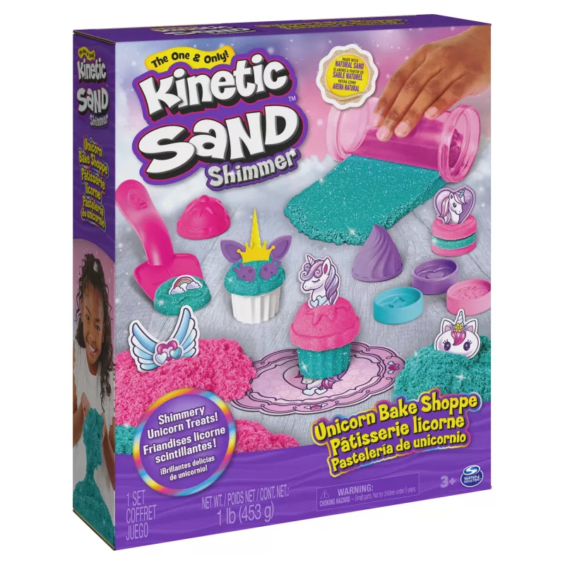 Kinetic Sand Shimmer Unicorn Bake Shoppe komplekts, 16oz (Shimmer Teal un Pink Neon), 8 vienradža rīki, sensoriskā rotaļlieta bērniem no 3 gadu vecuma
