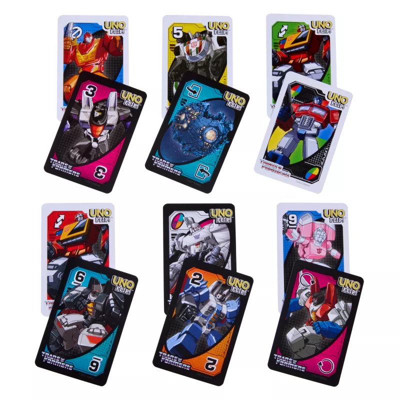 Spēļu kāršu spēle UNO Flip Transformers bērniem un ģimenes vakaram