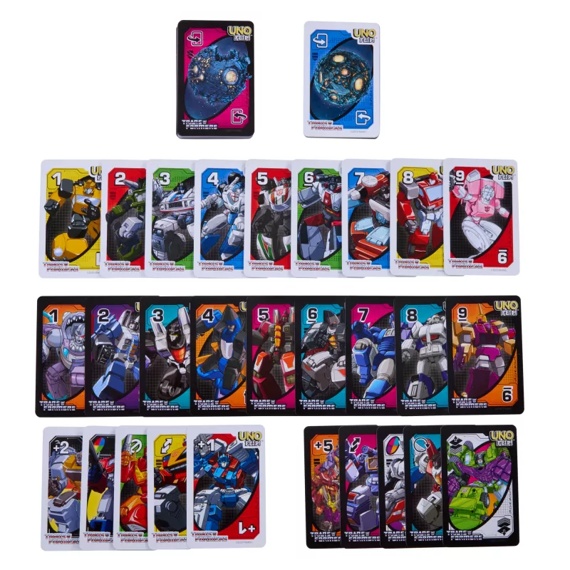 Spēļu kāršu spēle UNO Flip Transformers bērniem un ģimenes vakaram