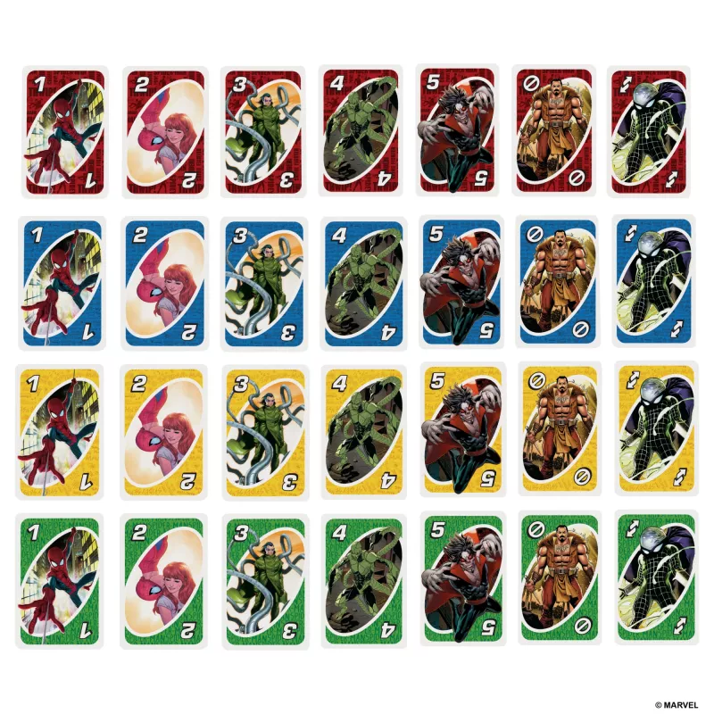 Spēļu kārtis UNO The Amazing Spider-Man – kāršu spēle bērniem, pieaugušajiem un ģimenes vakariem, iedvesmota no Marvel komiksu sērijas