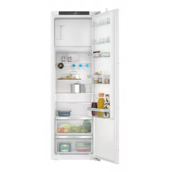Iebūvējamais kombinētais ledusskapis Siemens iQ300 KI82LVFE0 — 280 L kopējā tilpuma, 246 L ledusskapja, 34 L augšējā saldētava, balts, labās puses eņģes