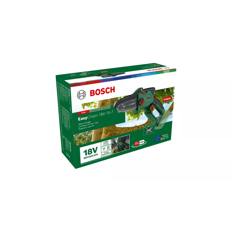 Bezvadu elektriskais zāģis Bosch EasyChain 18V-15-7, akumulatora rokas zāģis 1.3 kg