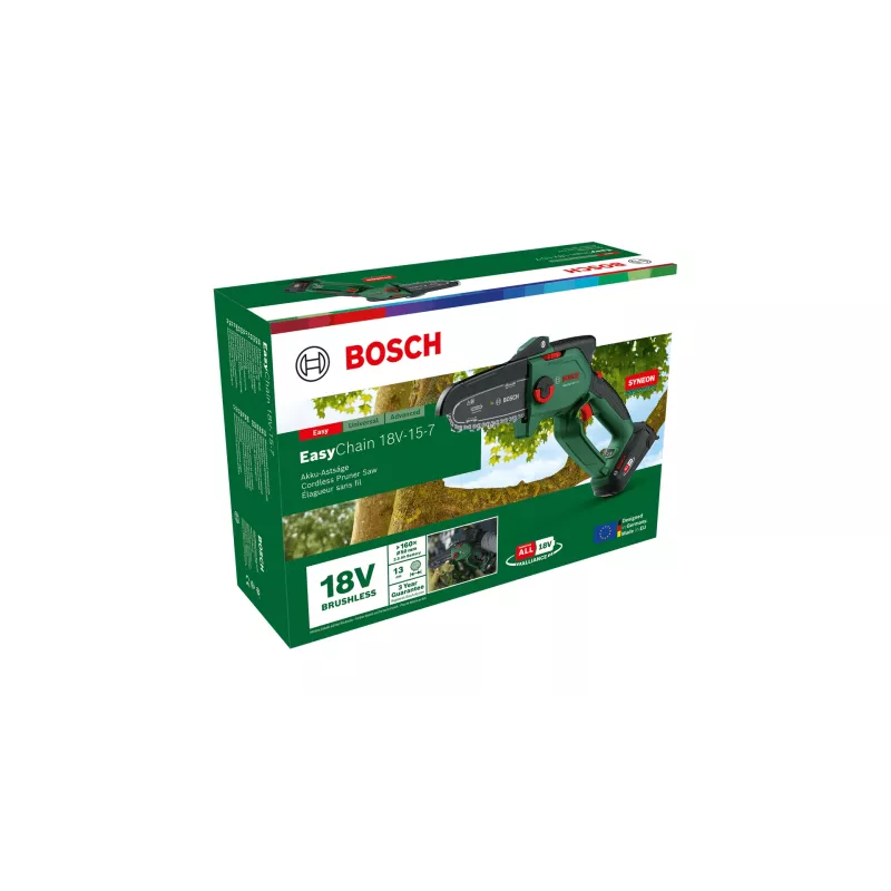 Bosch EasyChain 18V-15-7 akumulatora ķēdes zāģis, melnā un zaļā krāsā