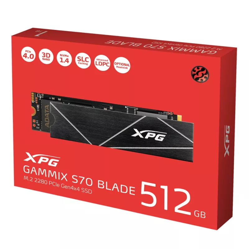 SSD M.2 512 GB ADATA XPG GAMMIX S70 BLADE — PCIe 4.0 NVMe, Lasīšana 7400 MB/s, Rakstīšana 2600 MB/s