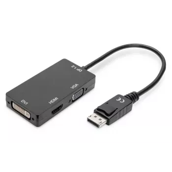 DIGITUS ASSMANN DisplayPort pārveidotāja kabelis, DP - HDMI+DVI+VGA M-F/F/F, 20cm 3-in-1 Multi-Media kabelis, CE, Melns