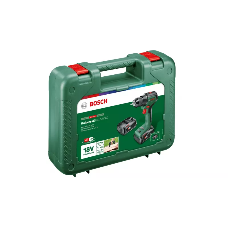 Bosch Universal Drill 18V-60 bezsuku urbjmašīna 1900 apgr./min bezatslēgas patrona 1.3 kg melna, zaļa