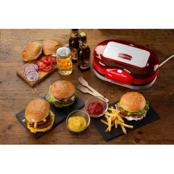 Ariete 205 Hamburger Maker Party Time, Hamburgeru gatavošanas iekārta, 1200 W, Dubultās nepiedegošās plāksnes, 2 nodalījumi, Viegli tīrāma, Sarkana