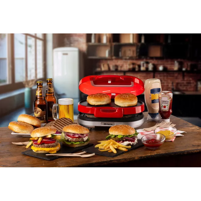 Ariete 205 Hamburger Maker Party Time, Hamburgeru gatavošanas iekārta, 1200 W, Dubultās nepiedegošās plāksnes, 2 nodalījumi, Viegli tīrāma, Sarkana