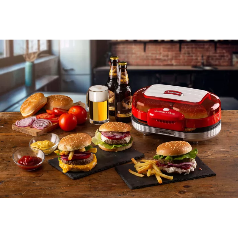 Ariete 205 Hamburger Maker Party Time, Hamburgeru gatavošanas iekārta, 1200 W, Dubultās nepiedegošās plāksnes, 2 nodalījumi, Viegli tīrāma, Sarkana