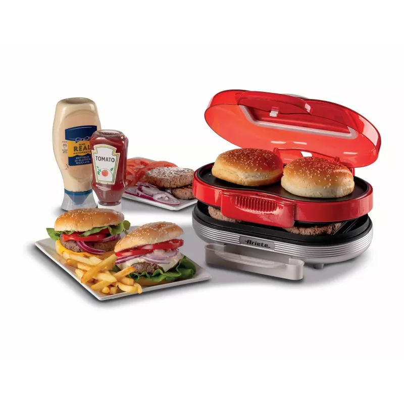 Ariete 205 Hamburger Maker Party Time, Hamburgeru gatavošanas iekārta, 1200 W, Dubultās nepiedegošās plāksnes, 2 nodalījumi, Viegli tīrāma, Sarkana