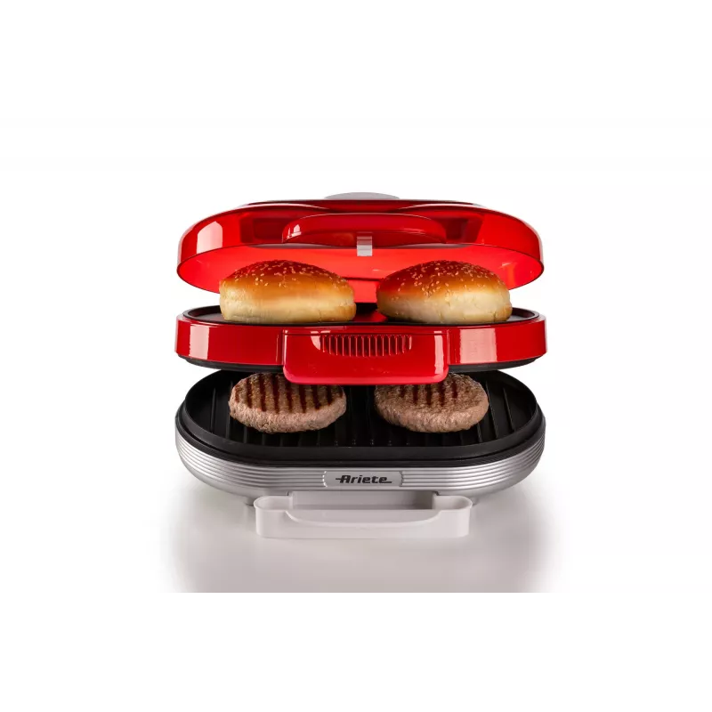 Ariete 205 Hamburger Maker Party Time, Hamburgeru gatavošanas iekārta, 1200 W, Dubultās nepiedegošās plāksnes, 2 nodalījumi, Viegli tīrāma, Sarkana