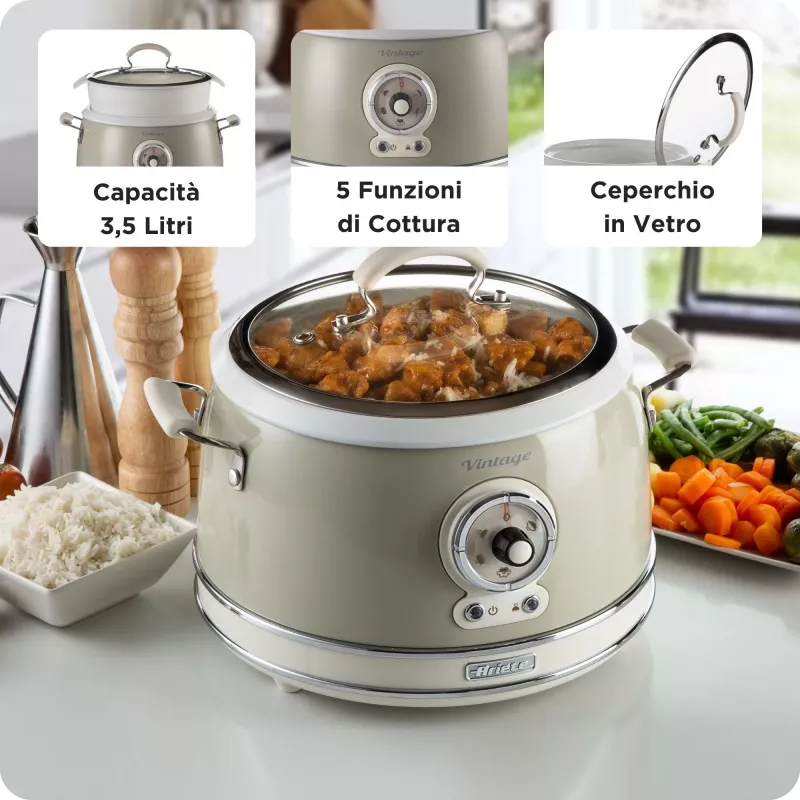 Ariete 2904 Rīsu plīts - Elektriskā rīsu plīts ar keramikas bļodu - Pašdarināts suši - Multivāre - Vintage līnija - 3.5 L - 650 W - Bēša
