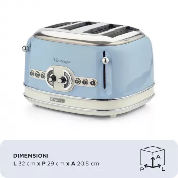 Ariete 156 4 Slotu Vintage Toaster, 1600 W, 6 Līmeņu Grauzdēšana, Nerūsējošais Tērauds Krāsots Pasteļzilā Krāsā, Bez Sviestmaižu Turētājiem, Zils