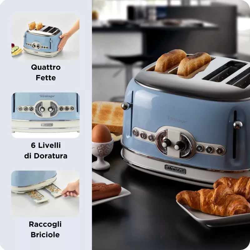 Ariete 156 4 Slotu Vintage Toaster, 1600 W, 6 Līmeņu Grauzdēšana, Nerūsējošais Tērauds Krāsots Pasteļzilā Krāsā, Bez Sviestmaižu Turētājiem, Zils