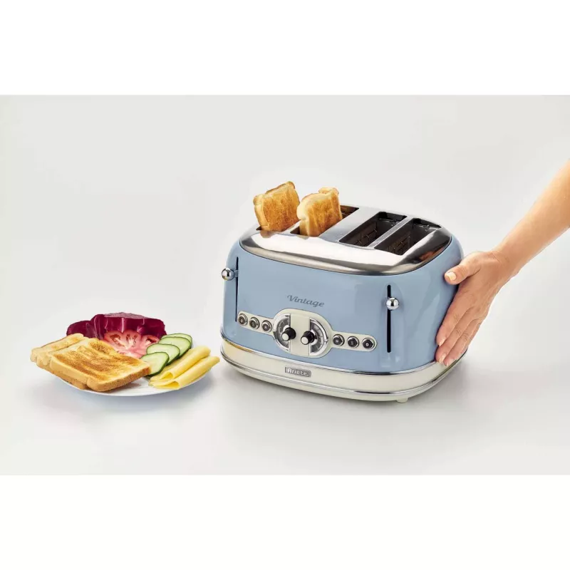 Ariete 156 4 Slotu Vintage Toaster, 1600 W, 6 Līmeņu Grauzdēšana, Nerūsējošais Tērauds Krāsots Pasteļzilā Krāsā, Bez Sviestmaižu Turētājiem, Zils