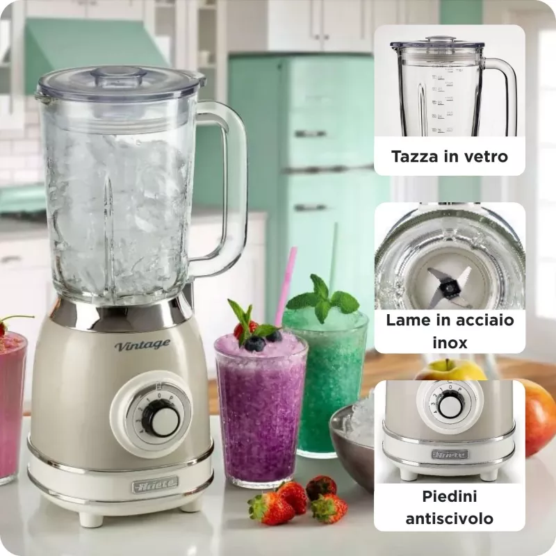 Ariete 583, Vintage Blender ar 1.5 litru stikla trauku, 4 nerūsējošā tērauda asmeņiem, 4 ātrumiem + Pulse, 1000 W, bēšs