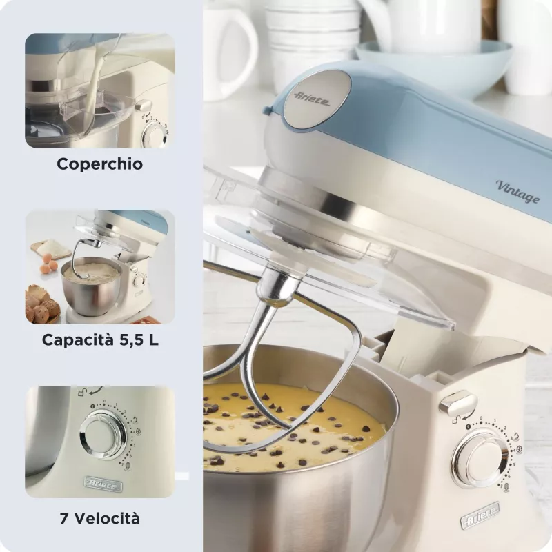Ariete 1588 Vintage Planetārais Mikseris, 5.5 L, 7 ātrumi, 2400 W, Pasteļzils