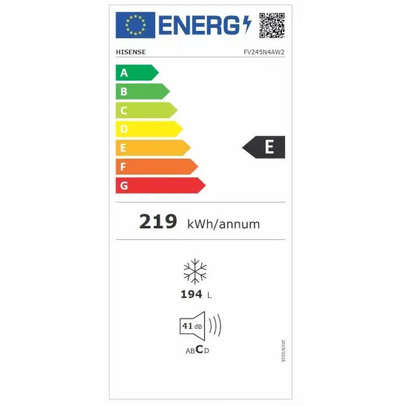 Brīvstāvošs saldētājs HISENSE FV245N4AW2 — 194 L No Frost, E klase, 15 kg/24h, labās puses eņģes, balts