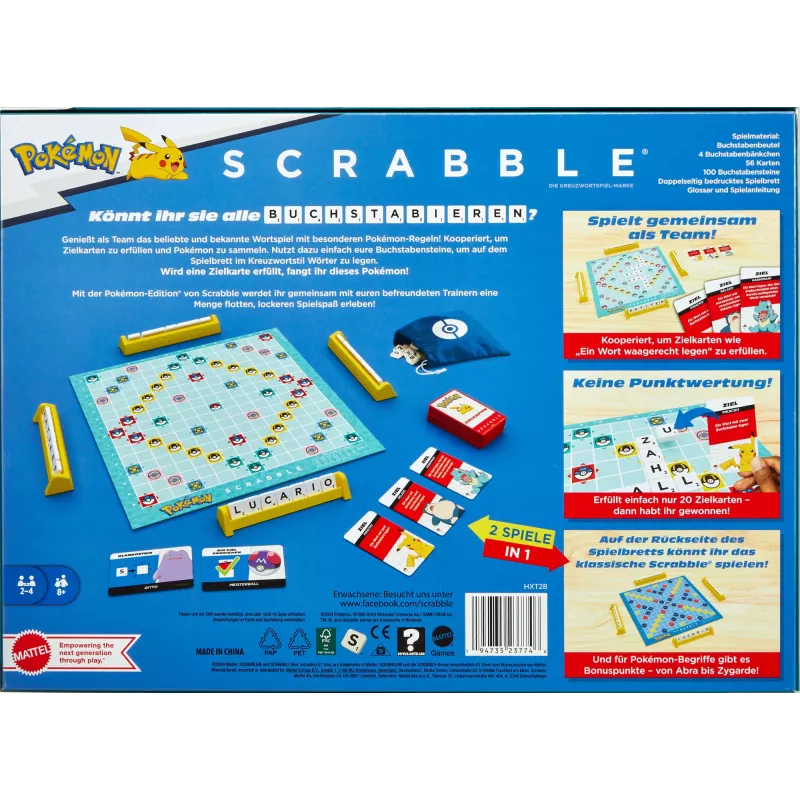 Galda spēle Scrabble Pokémon, klasiska vārdu spēle ar diviem spēles veidiem 2-4 spēlētājiem, vācu izdevums