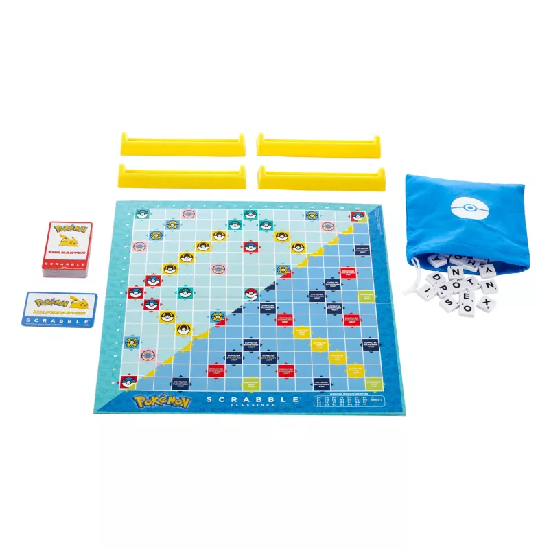Galda spēle Scrabble Pokémon, klasiska vārdu spēle ar diviem spēles veidiem 2-4 spēlētājiem, vācu izdevums
