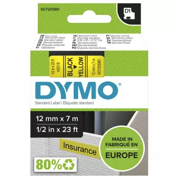 DYMO Authentic D1 etiķetes | Melns uz dzeltenas lentes | 12 mm x 7 m | Pašlīmējošas etiķetes LabelManager marķētājiem | Ražots Eiropā