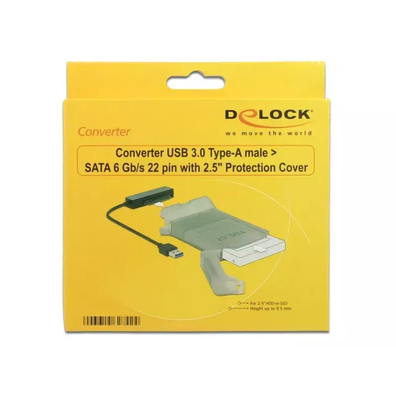 Delock 62742 adapteris no USB 3.0 Type-A uz SATA 22 kontaktu (6 Gb/s) 2,5" diskiem, ar aizsargapvalku, melns/pelēks
